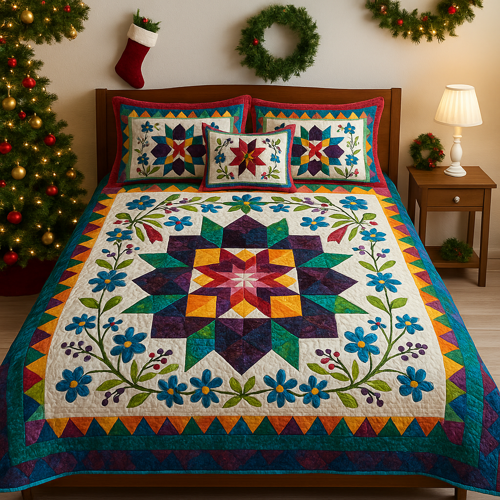 Christmas Floral Star Quilt Set
