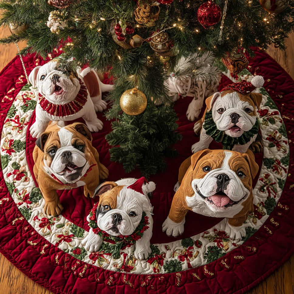 Christmas Bulldog Joy Quilted Christmas Tree Skirt-Myprintsy