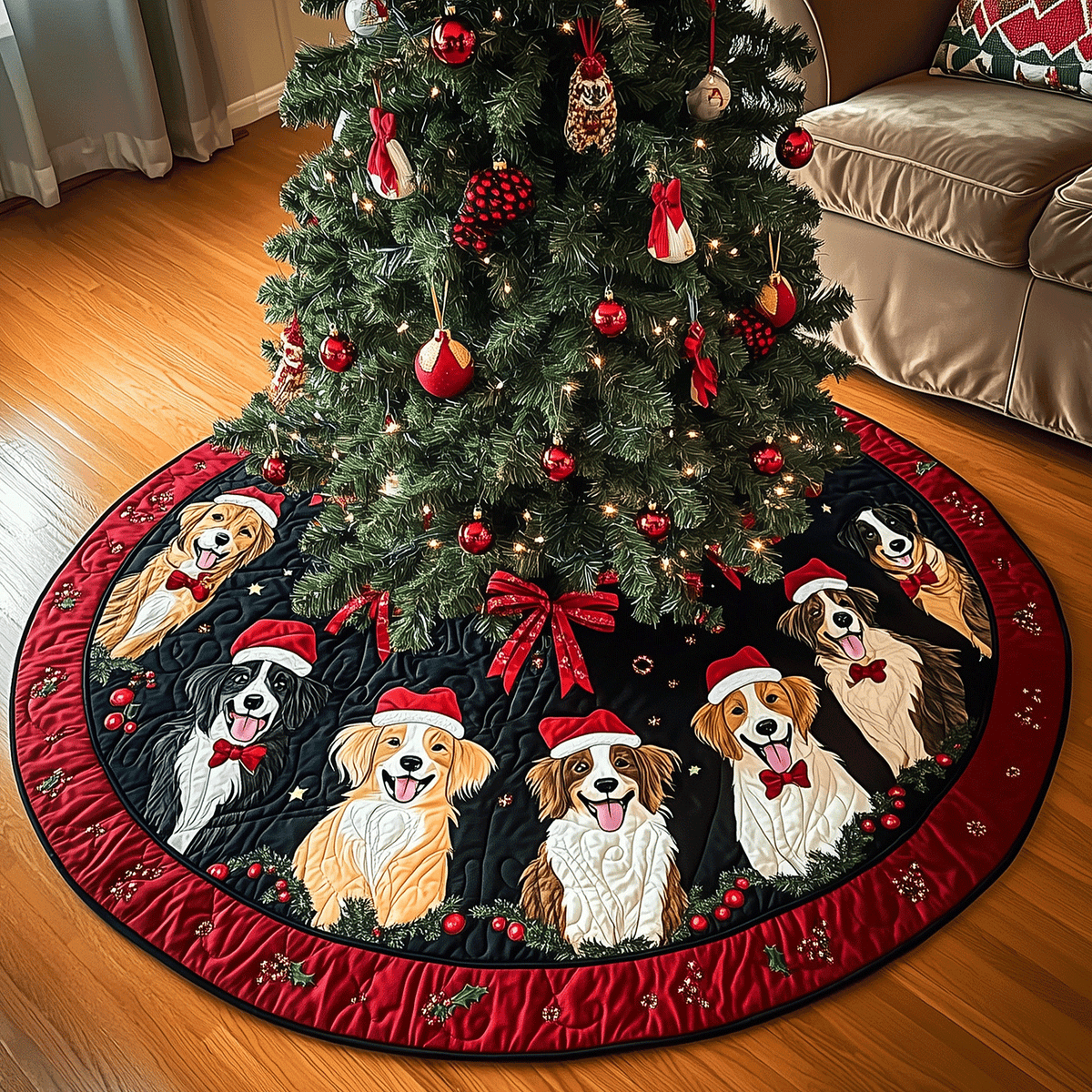 Christmas Canine Celebration Quilted Christmas Tree Skirt-Myprintsy
