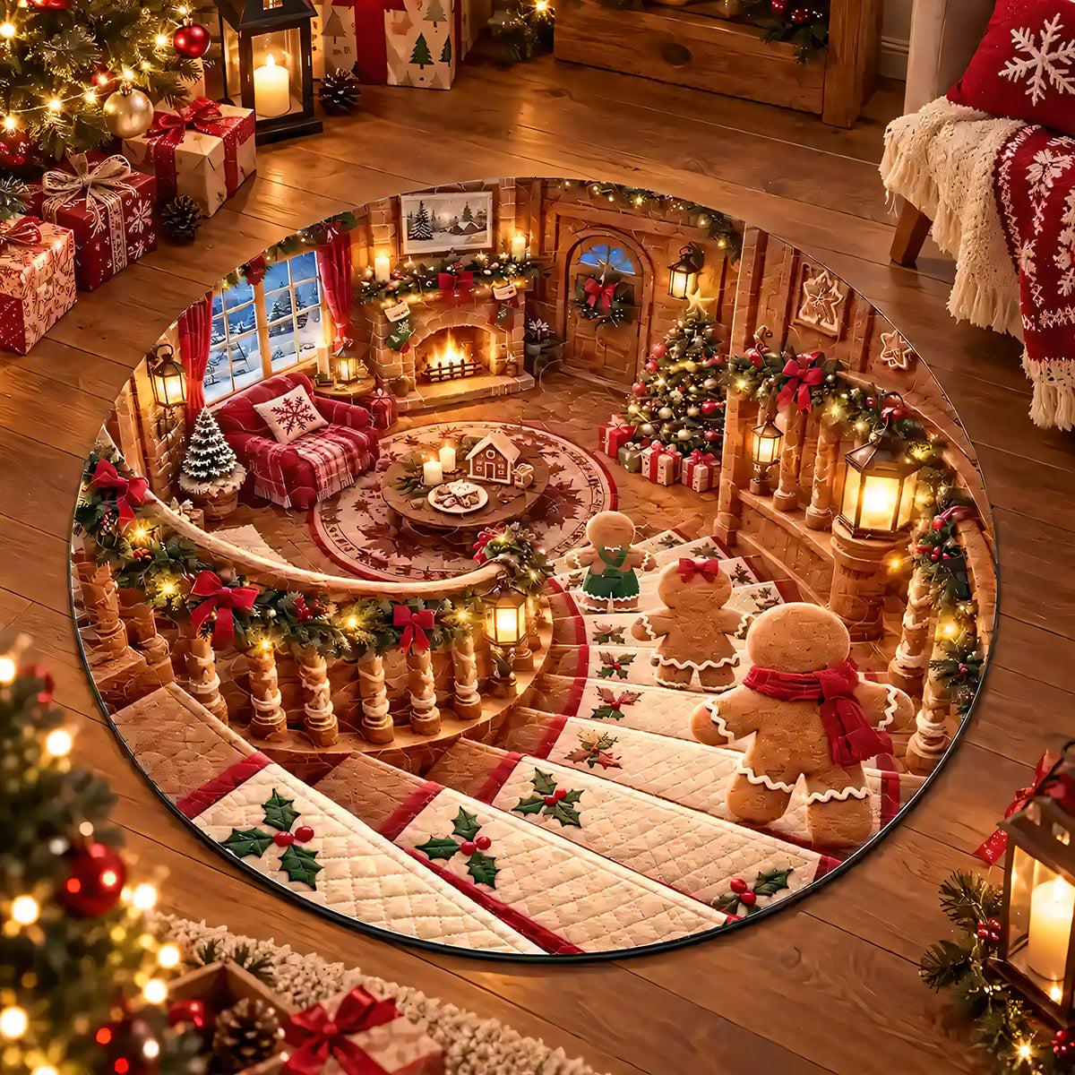 Christmas Theme Santa Claus Spiral Staircase Illusion Round Rug - Personalized Round Rug-Myprintsy
