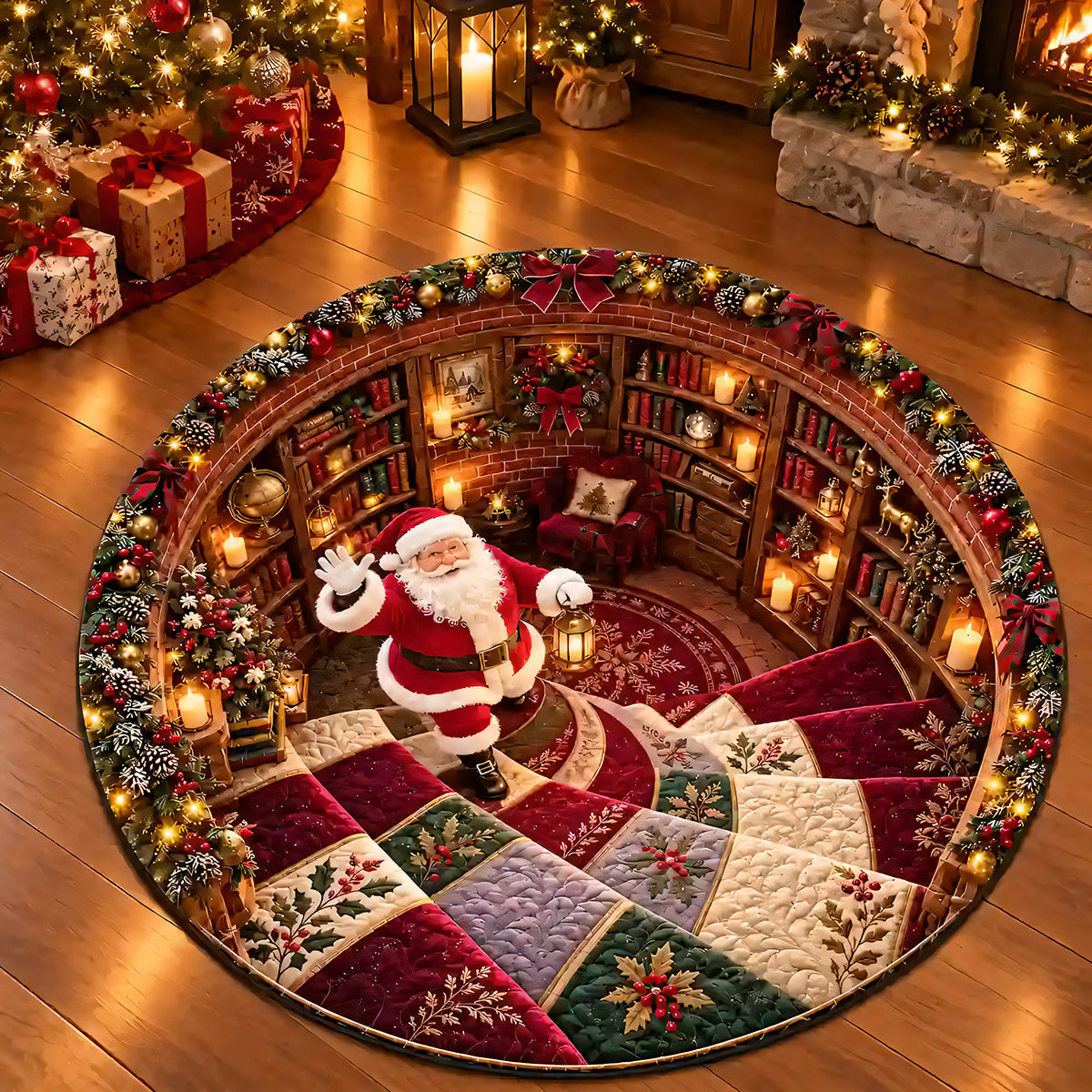 Christmas Theme Santa Claus Spiral Staircase Illusion Round Rug - Personalized Round Rug-Myprintsy