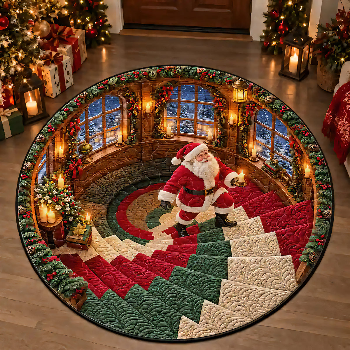 Christmas Theme Santa Claus Spiral Staircase Illusion Round Rug - Personalized Round Rug-Myprintsy