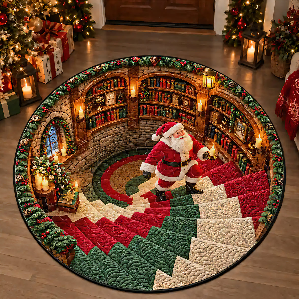 Christmas Theme Santa Claus Spiral Staircase Illusion Round Rug - Personalized Round Rug-Myprintsy