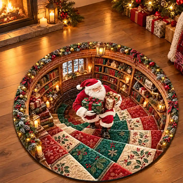 Christmas Theme Santa Claus Spiral Staircase Illusion Round Rug - Personalized Round Rug-Myprintsy