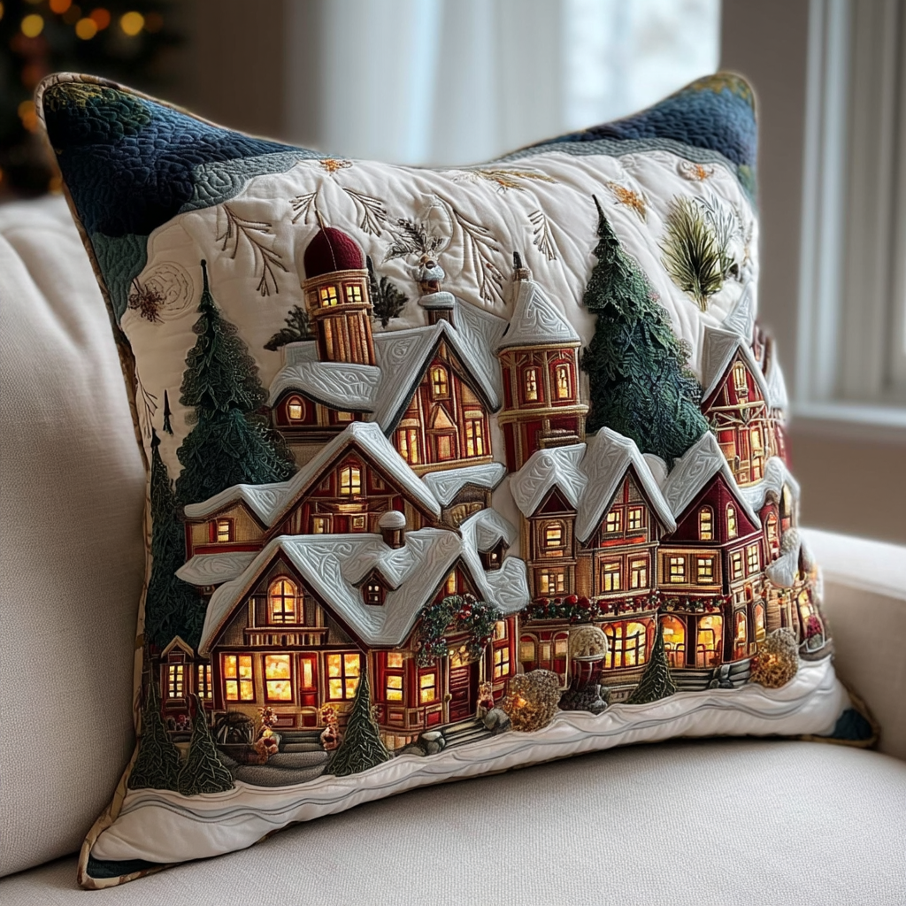 Christmas Village Festive Train Quilted Pillow Case VTQ-Myprintsy