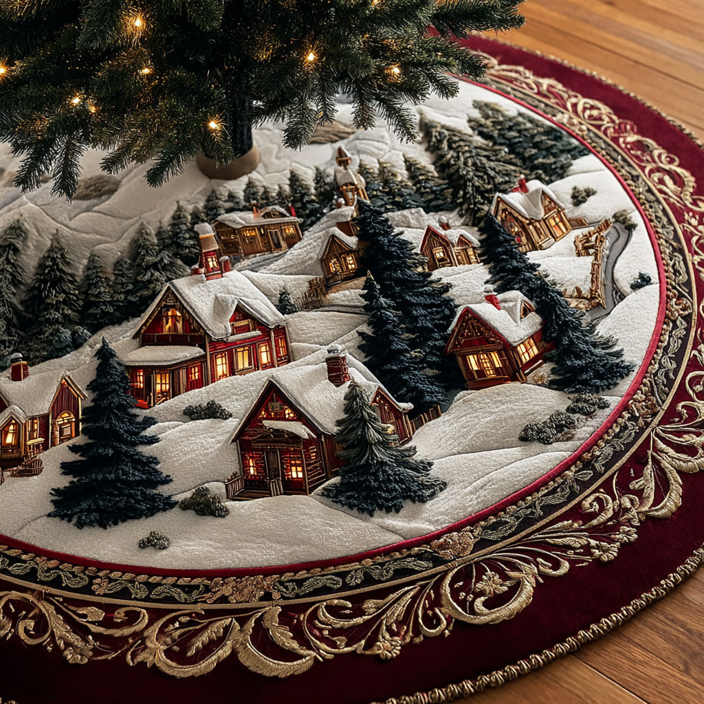 Christmas Village Red Tapestry Quilted Christmas Tree Skirt VTQ-Myprintsy