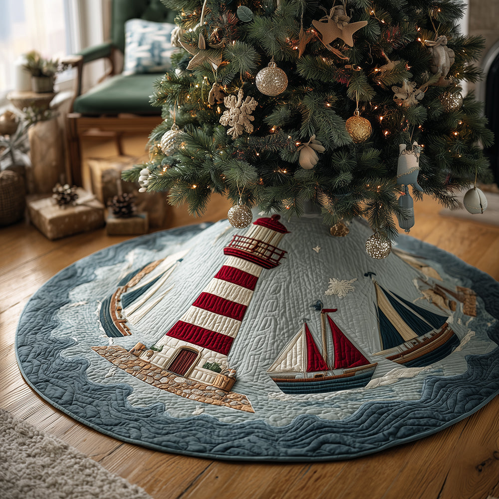 Coastal Lighthouse Christmas Quilted Tree Skirt-Myprintsy