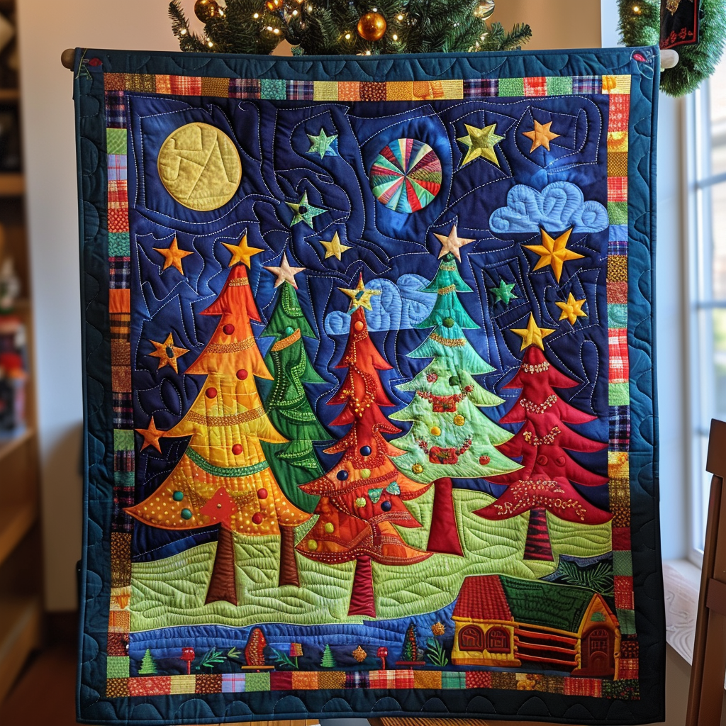 Colorful Christmas Tree Quilted Blanket PD VTQ-Myprintsy
