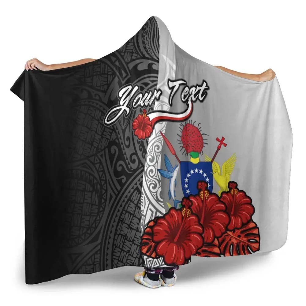 Cook Islands Polynesian Custom Personalised Hooded Blanket- Coat Of Arm With Hibiscus White-Myprintsy