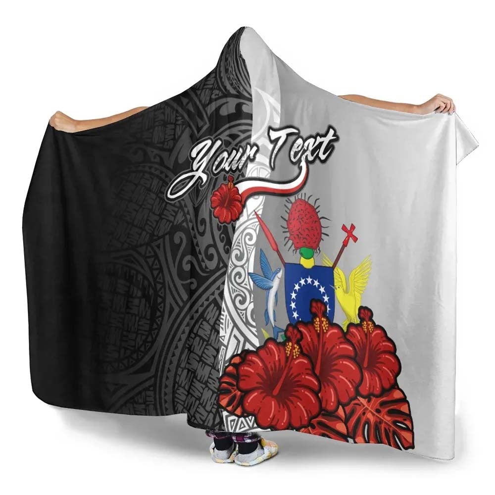 Cook Islands Polynesian Custom Personalised Hooded Blanket- Coat Of Arm With Hibiscus White-Myprintsy