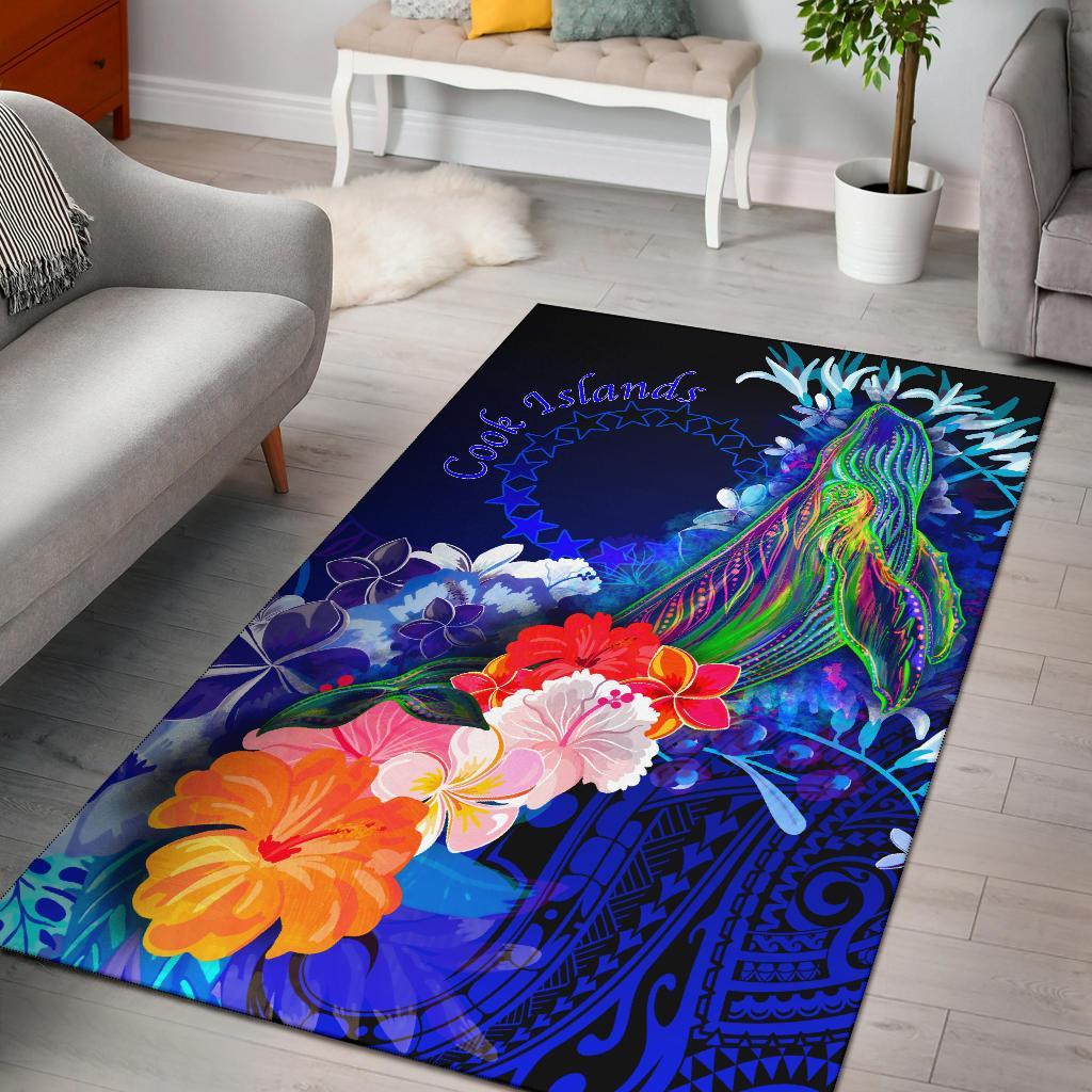 Cook Islandss Area Rug - Humpback Whale with Tropical Flowers (Blue)-Myprintsy