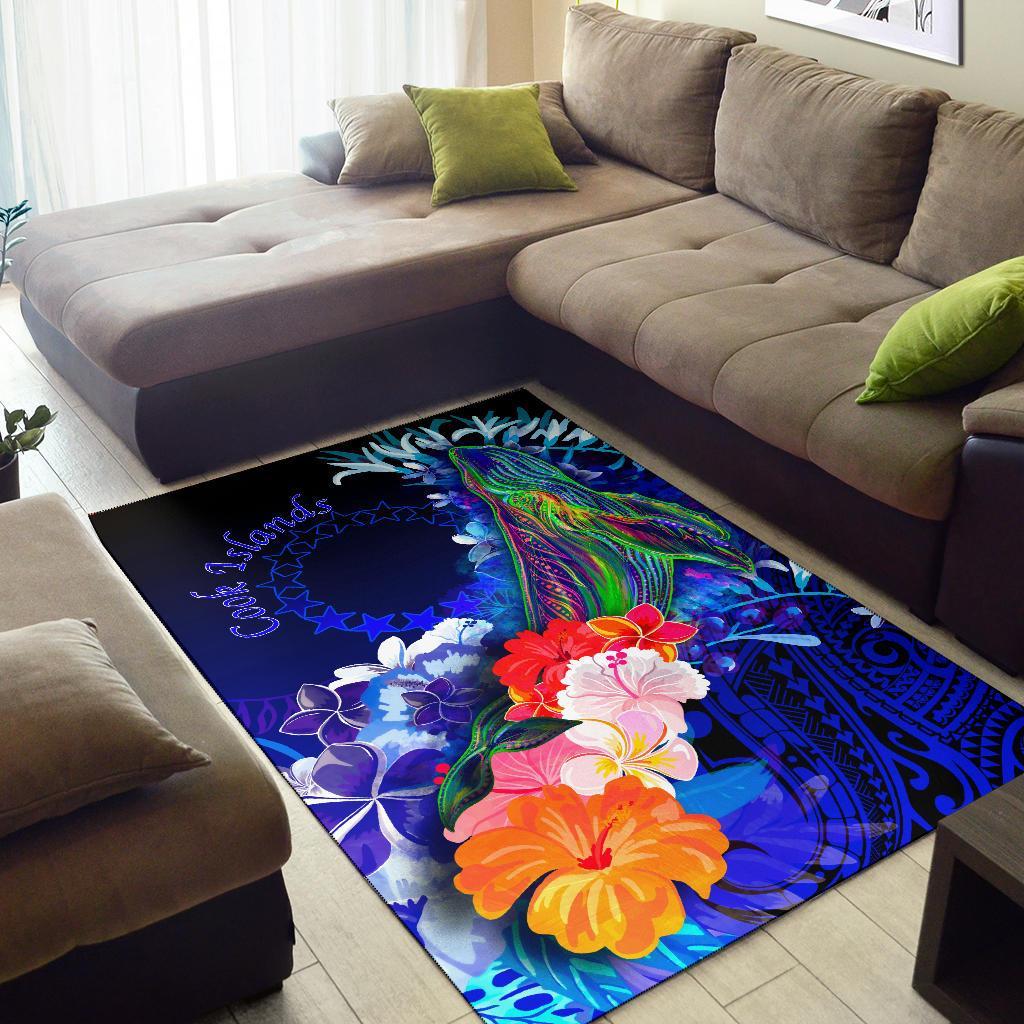 Cook Islandss Area Rug - Humpback Whale with Tropical Flowers (Blue)-Myprintsy
