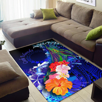 Cook Islandss Area Rug - Humpback Whale with Tropical Flowers (Blue)-Myprintsy