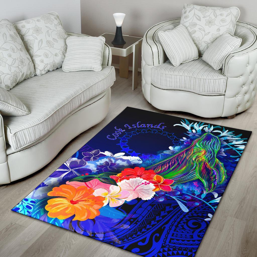 Cook Islandss Area Rug - Humpback Whale with Tropical Flowers (Blue)-Myprintsy