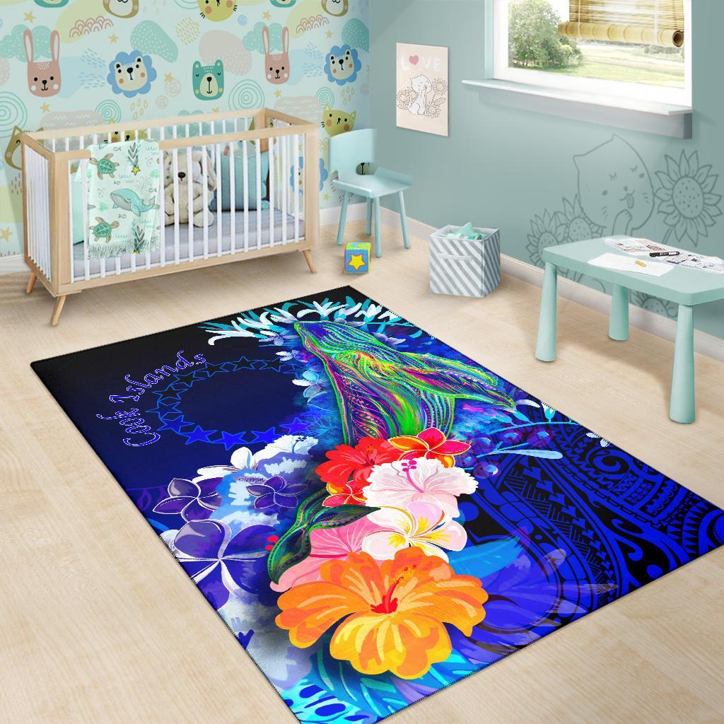 Cook Islandss Area Rug - Humpback Whale with Tropical Flowers (Blue)-Myprintsy