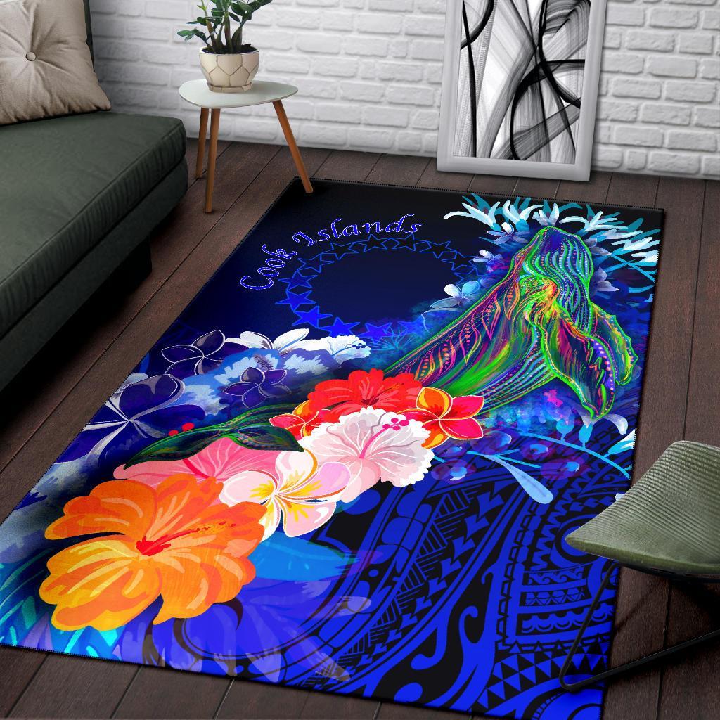 Cook Islandss Area Rug - Humpback Whale with Tropical Flowers (Blue)-Myprintsy