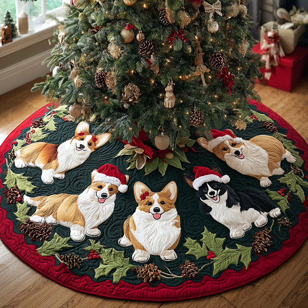 Corgi Sleigh Bells Quilted Christmas Tree Skirt-Myprintsy
