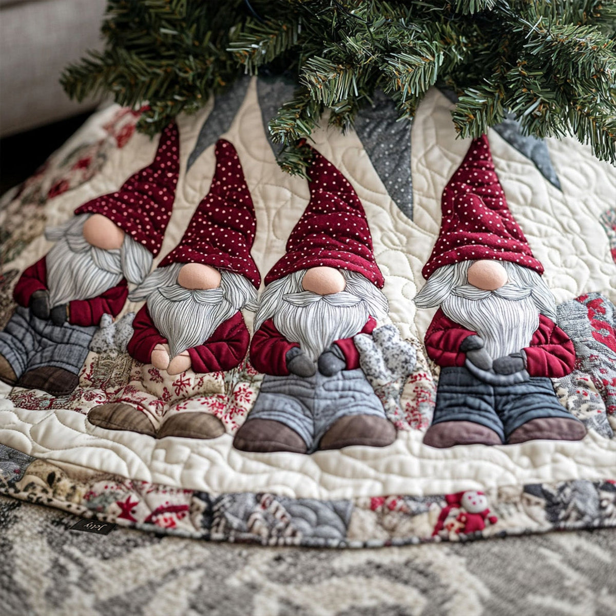 Cozy Gnome Haven Quilted Christmas Tree Skirt-Myprintsy
