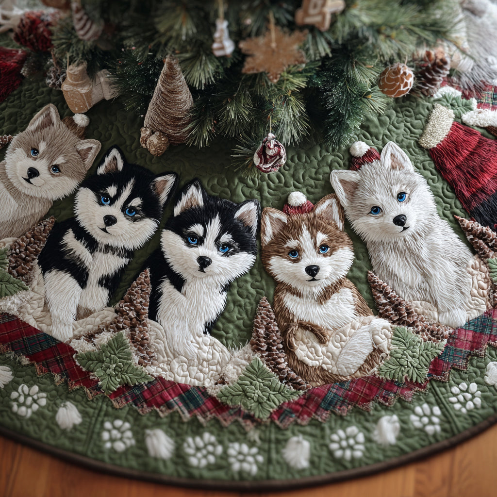 Cozy Husky Wonderland Quilted Christmas Tree Skirt-Myprintsy