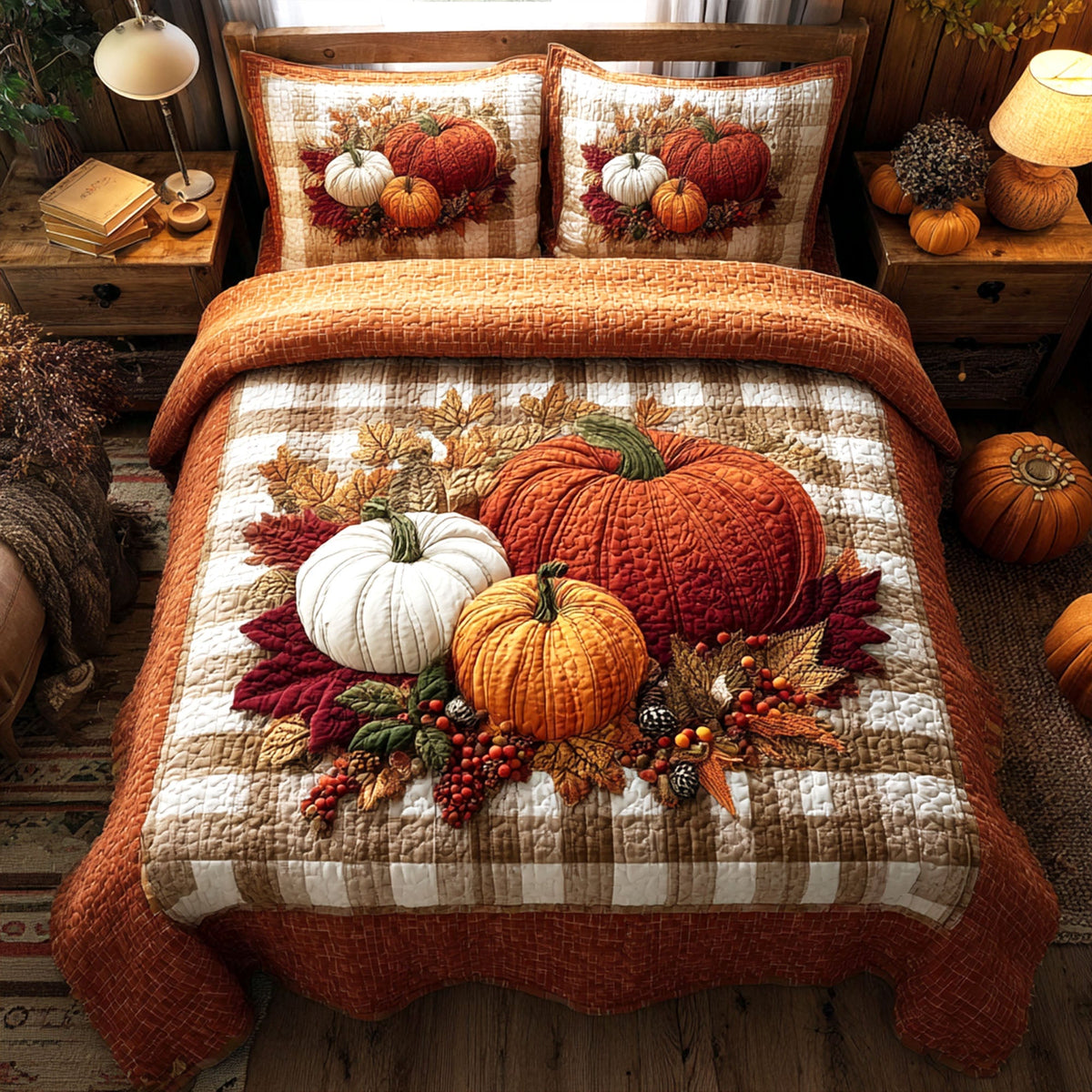 Cozy Pumpkin Nest -Piece Quilted Bedding Set VTQ-Myprintsy