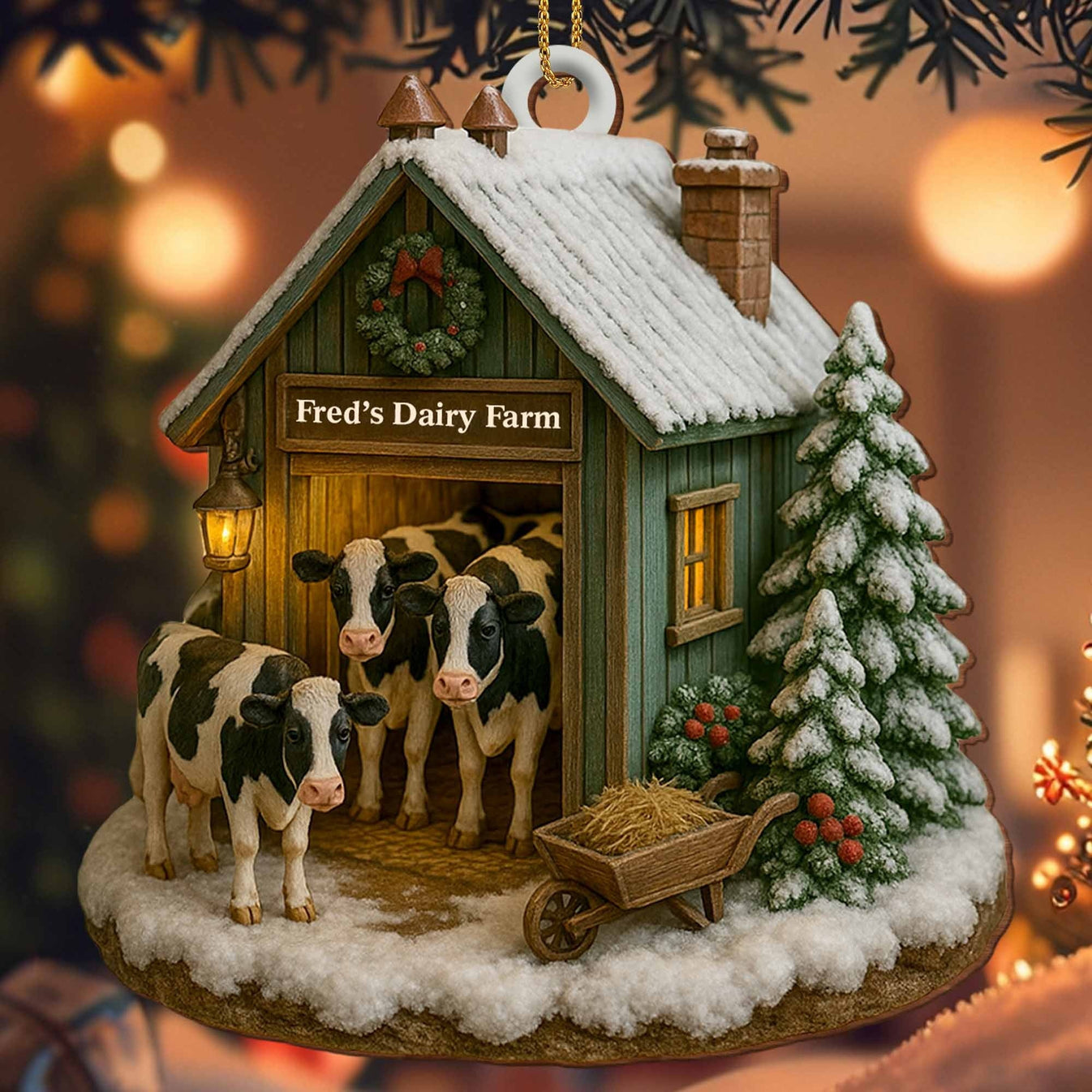 Cozy Winter Scene At Dairy Farm, Gift For Farm Enthusiasts - Personalized Wooden Ornament-Myprintsy