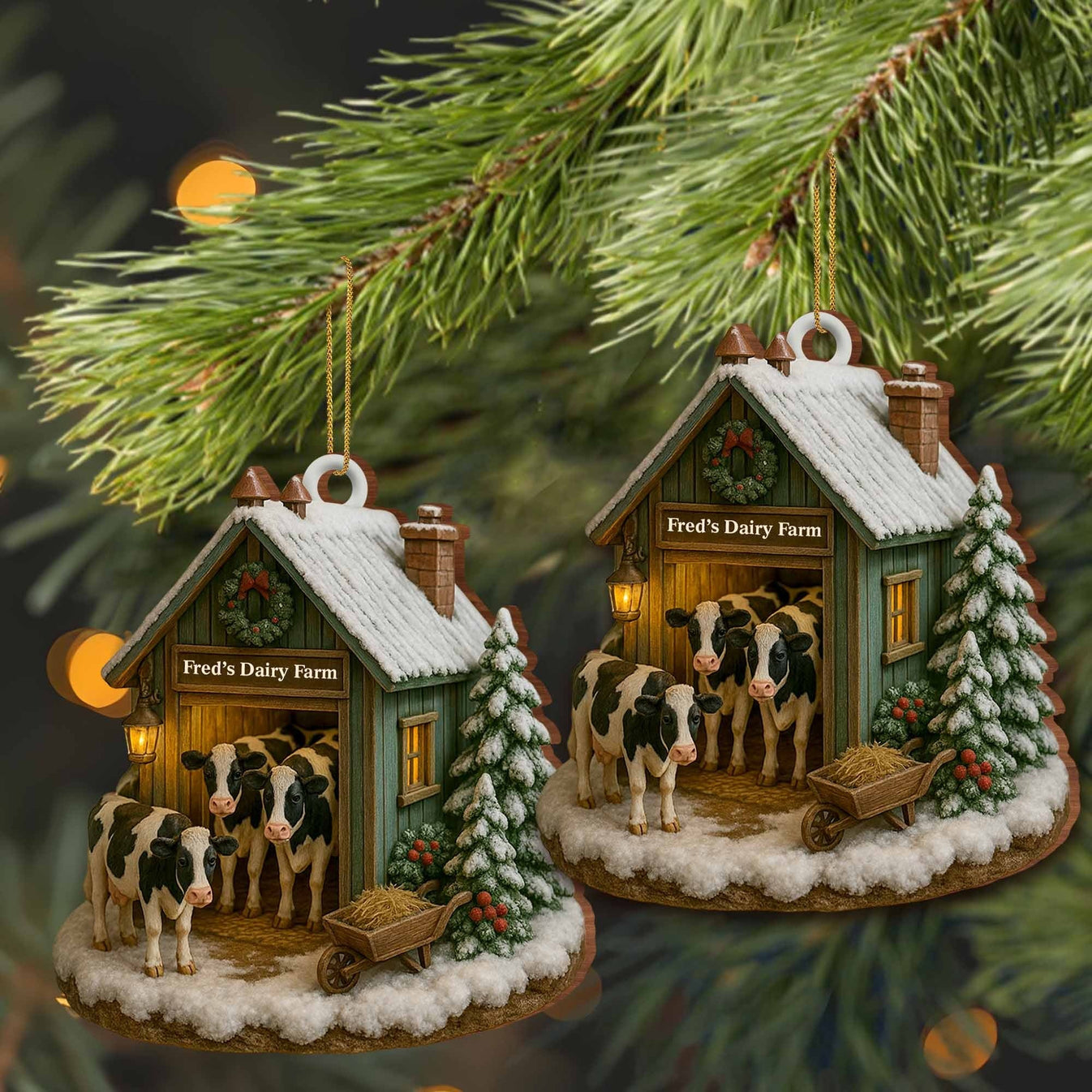Cozy Winter Scene At Dairy Farm, Gift For Farm Enthusiasts - Personalized Wooden Ornament-Myprintsy