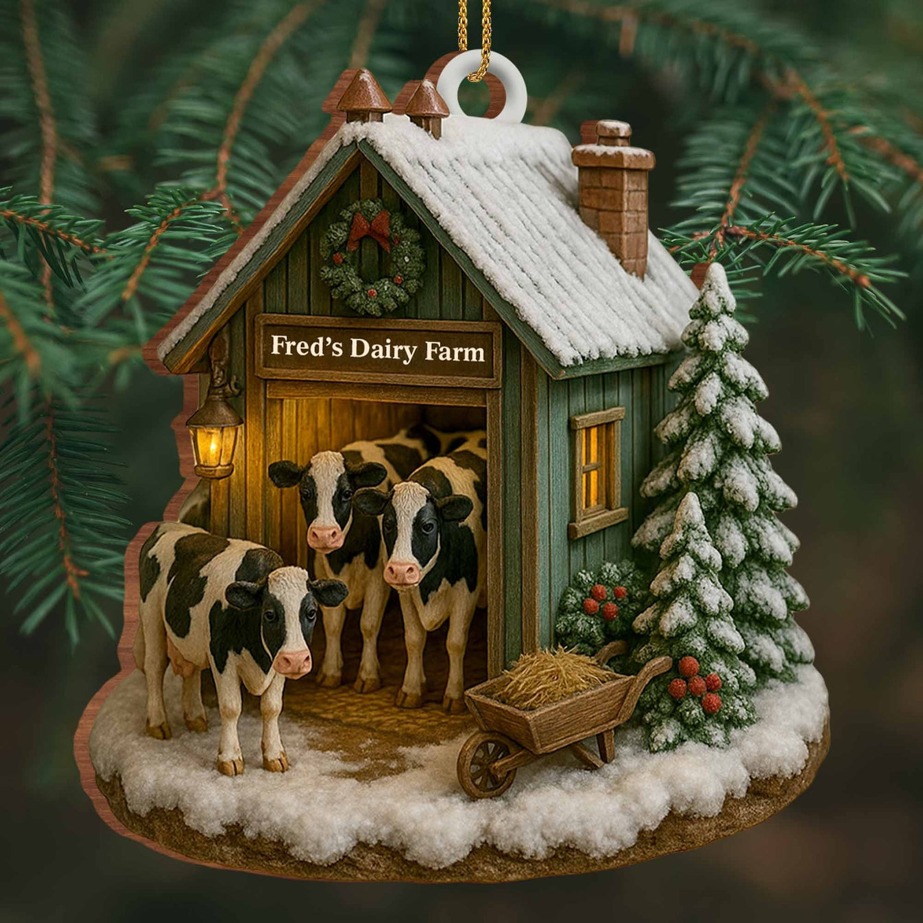 Cozy Winter Scene At Dairy Farm, Gift For Farm Enthusiasts - Personalized Wooden Ornament-Myprintsy