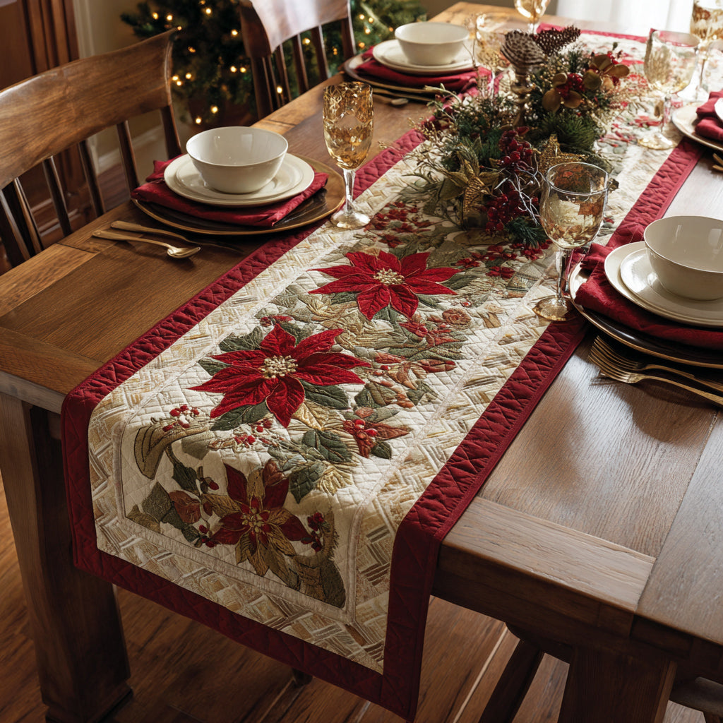 Crimson Poinsettia Border Quilted Table Runner VTQ-Myprintsy