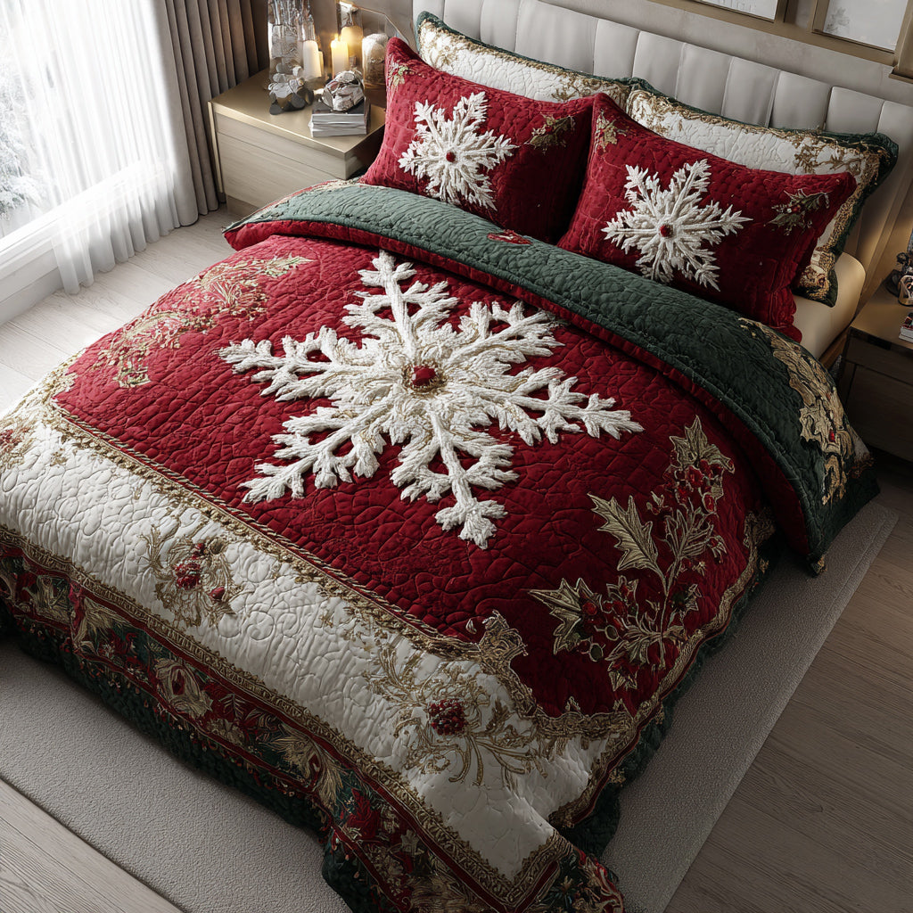 Crimson Snowflake Elegance -Piece Quilted Bedding Set VTQ-Myprintsy