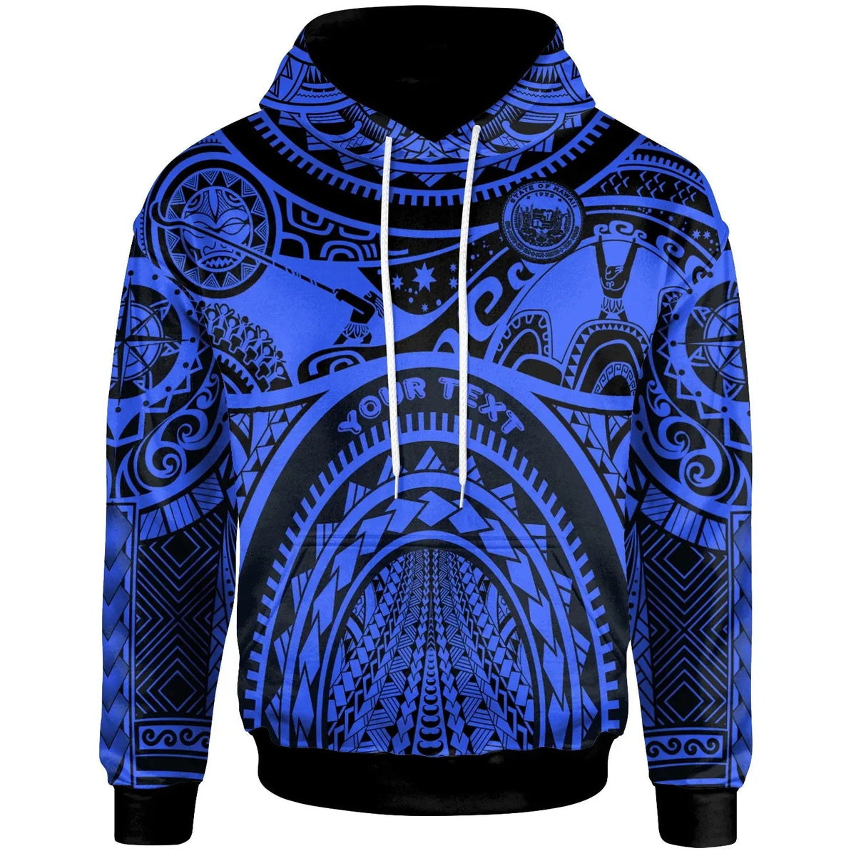 (Custom Personalised) Polynesian Hawaii Hoodie - Coat Of Arm Hawaii & Maui Tattoo - Polynesian Patterns Blue White-Myprintsy
