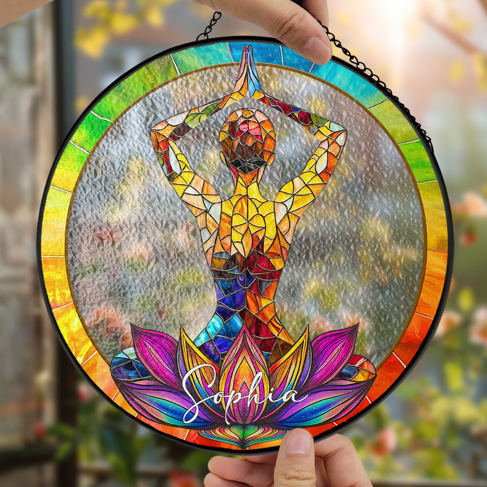 Custom Yoga Gift for Her - Personalized Yoga Lotus Stained Glass Window Hanging Suncatcher-Myprintsy