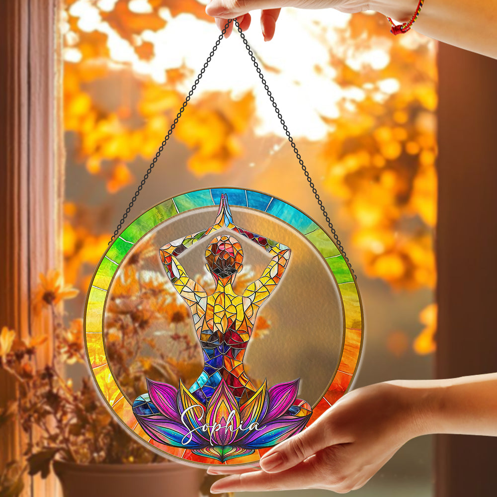 Custom Yoga Gift for Her - Personalized Yoga Lotus Stained Glass Window Hanging Suncatcher-Myprintsy