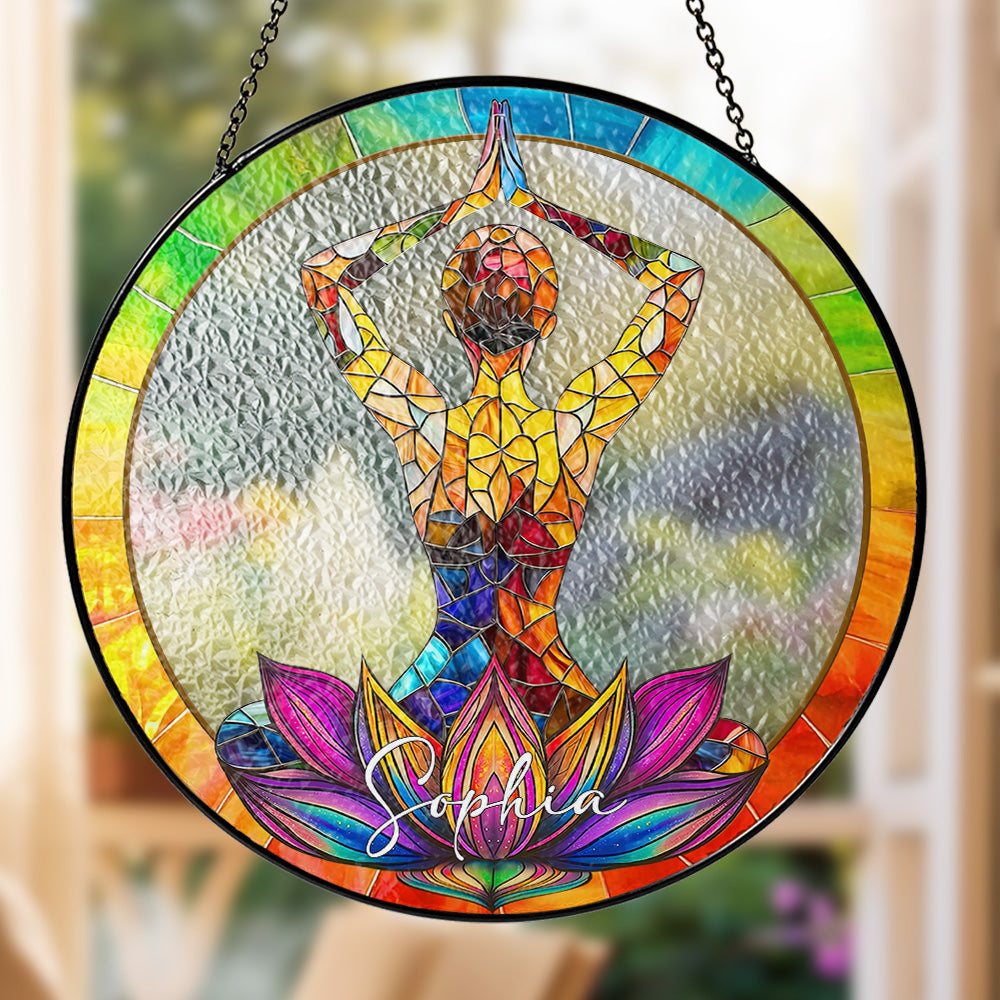 Custom Yoga Gift for Her - Personalized Yoga Lotus Stained Glass Window Hanging Suncatcher-Myprintsy