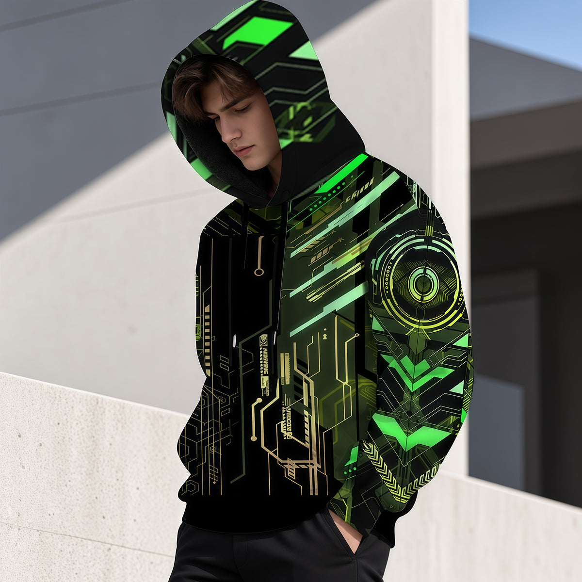 Cyberpunk Circuit Board Neon Green Techwear Hoodie-Myprintsy