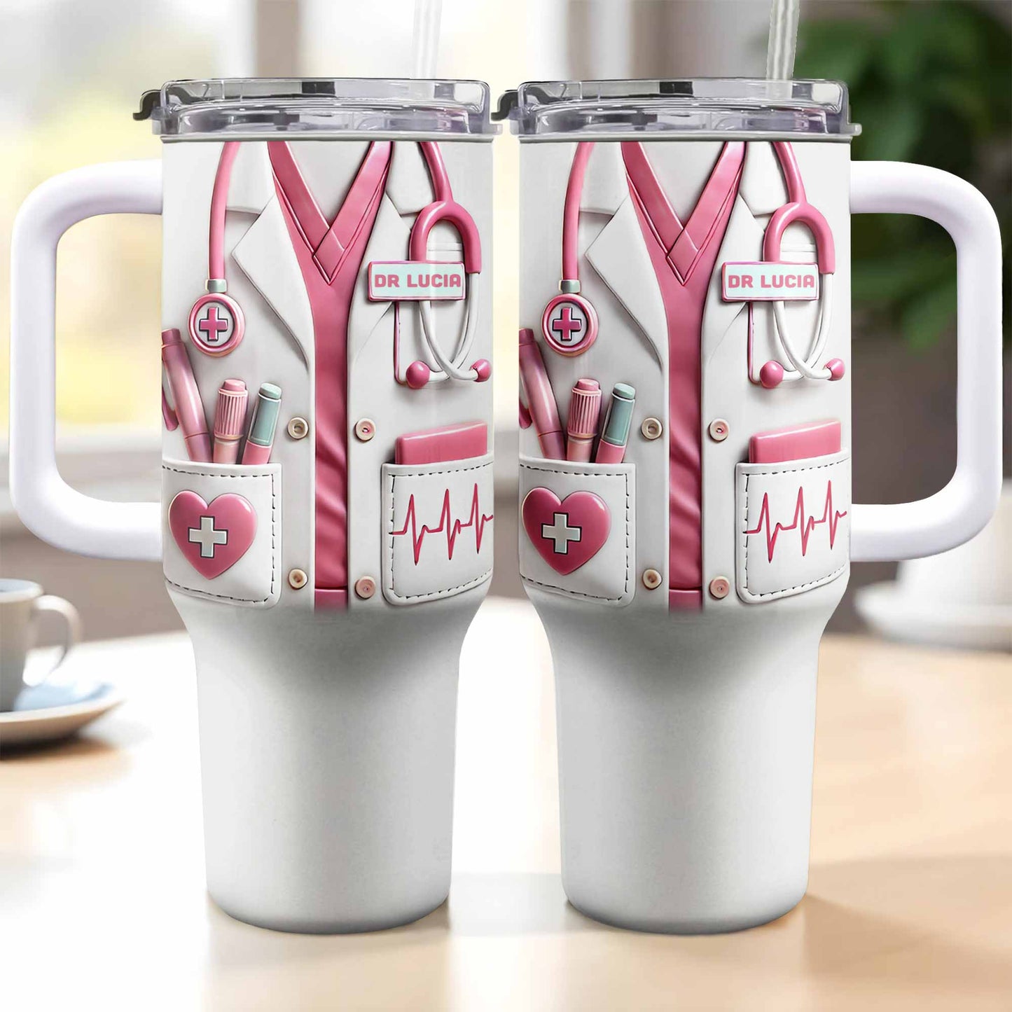 Medical Essentials, Stethoscope And Heartbeat Line, Personalized Tumbler With Straw