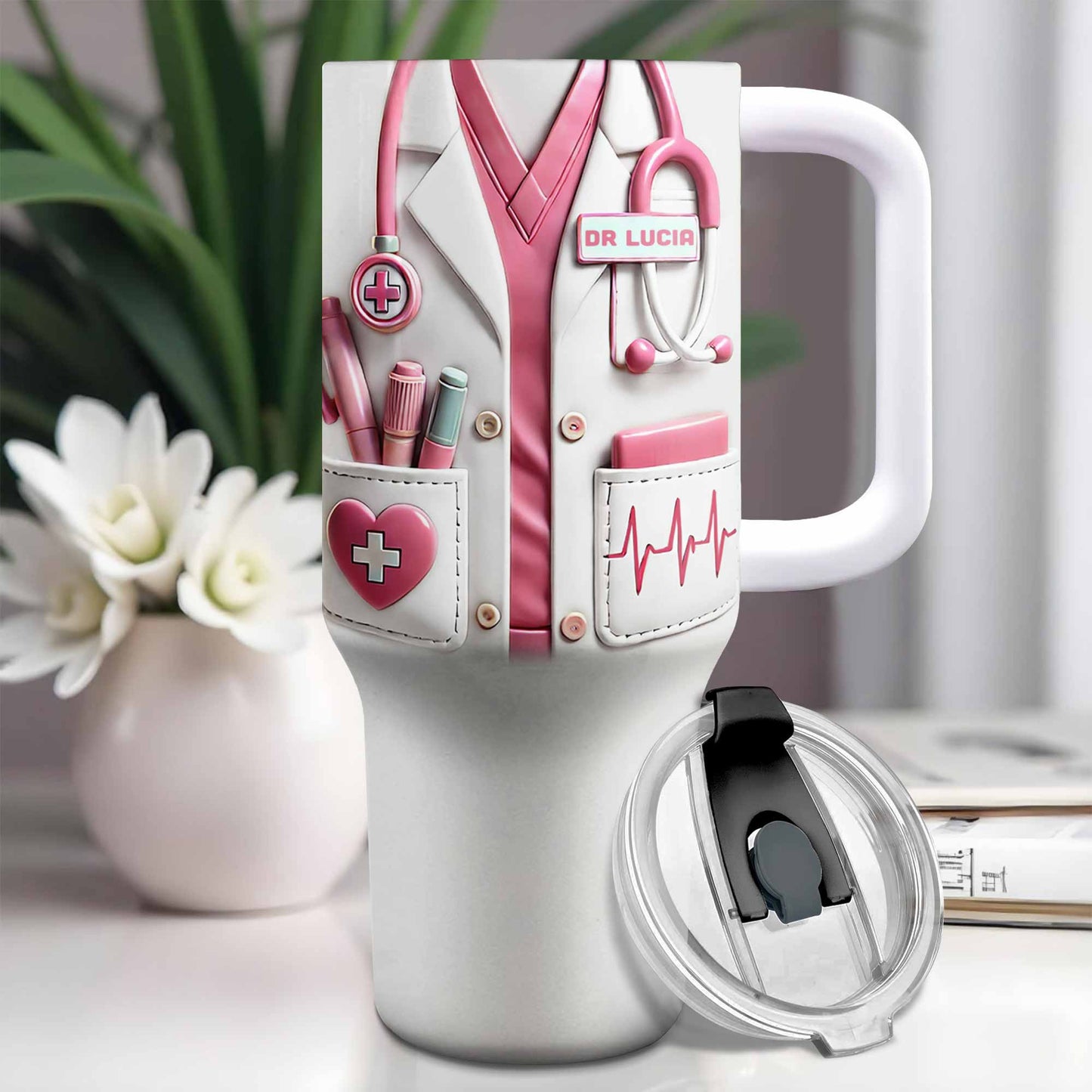 Medical Essentials, Stethoscope And Heartbeat Line, Personalized Tumbler With Straw
