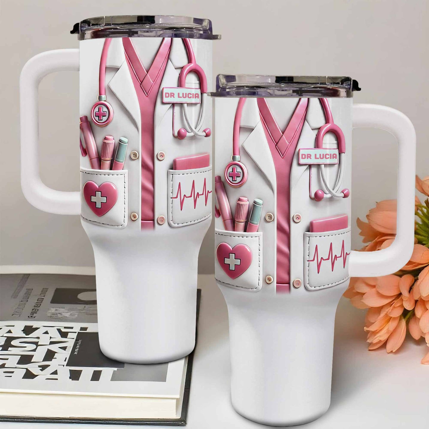 Medical Essentials, Stethoscope And Heartbeat Line, Personalized Tumbler With Straw