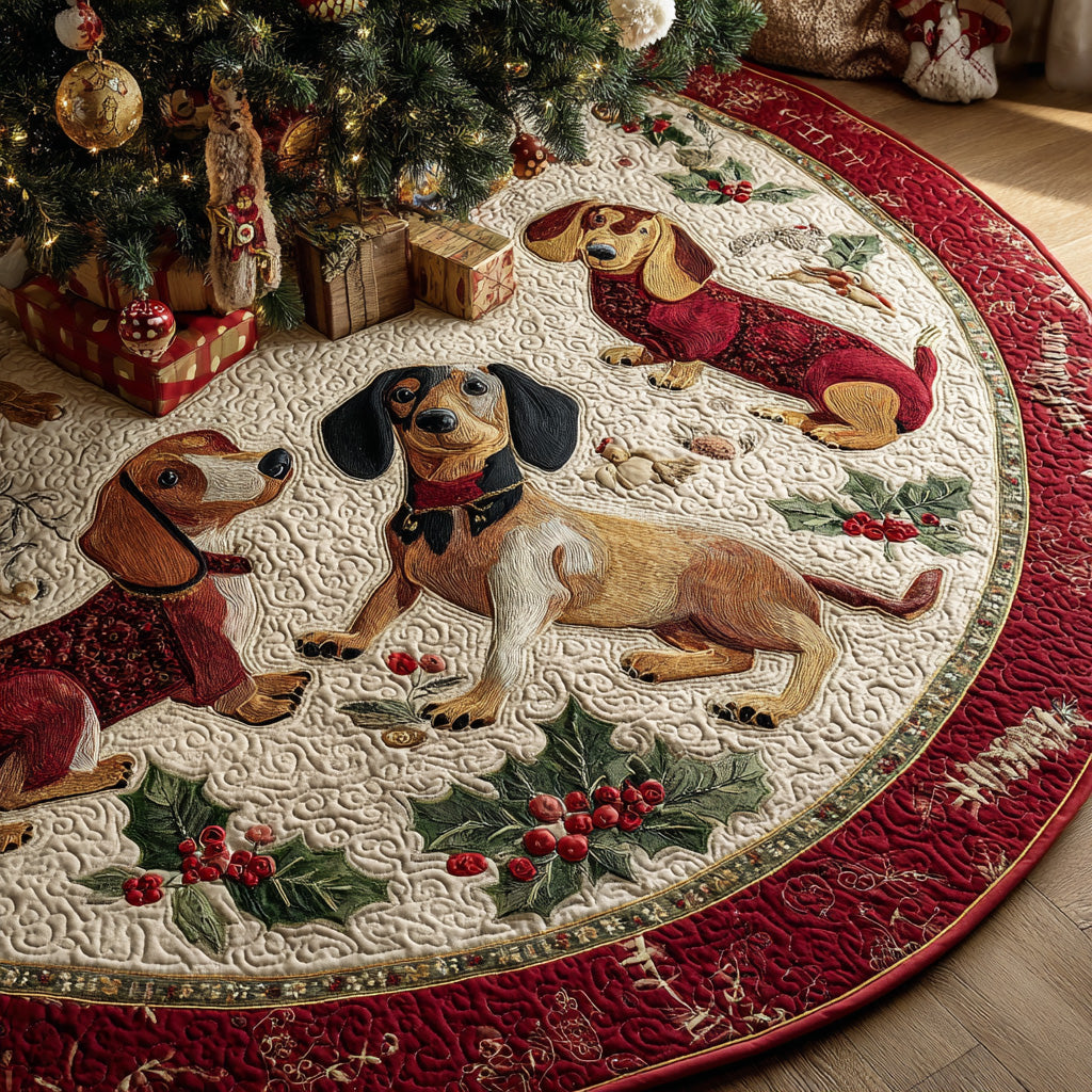 Dachshund Candy Cane Run Quilted Christmas Tree Skirt-Myprintsy