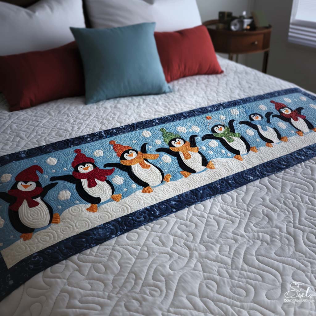 Dancing Penguins Quilted Bed Runner VTQ-Myprintsy