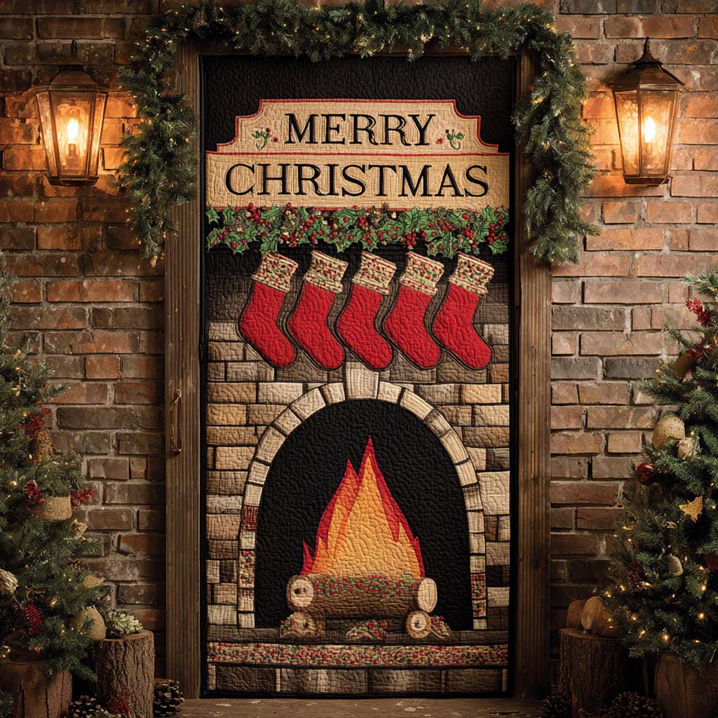 Dark Brick Christmas Hearth Quilted Door Cover VTQ-Myprintsy