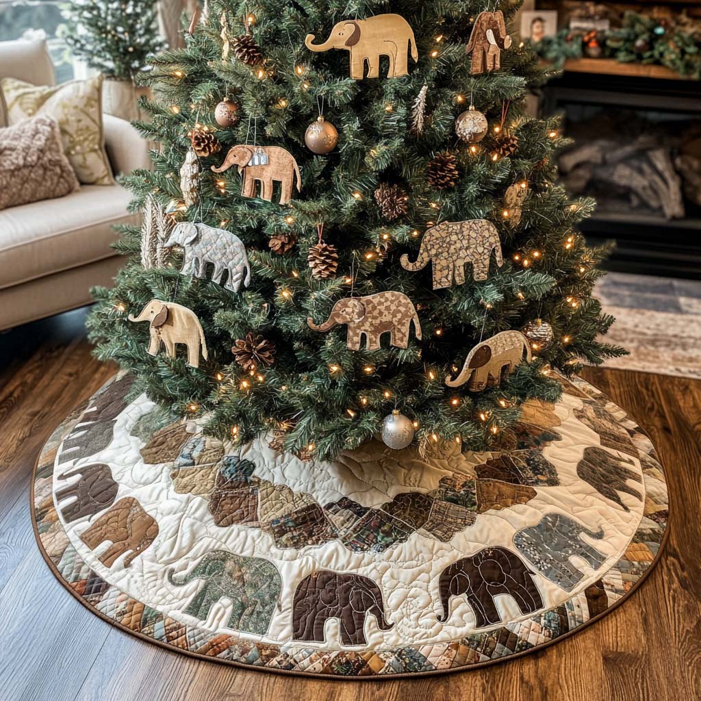 Earthy Elephants Christmas Quilted Tree Skirt-Myprintsy