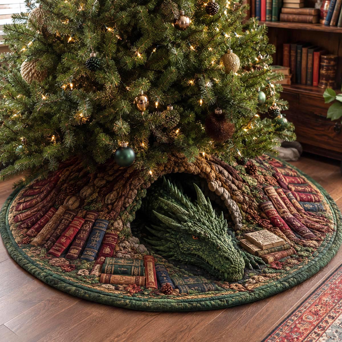 Emerald Library Dragon Christmas Quilted Tree Skirt VTQ-Myprintsy