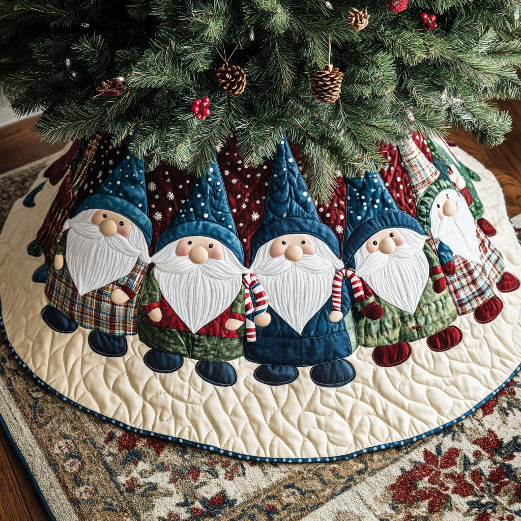 Enchanted Gnome Holiday Quilted Christmas Tree Skirt-Myprintsy