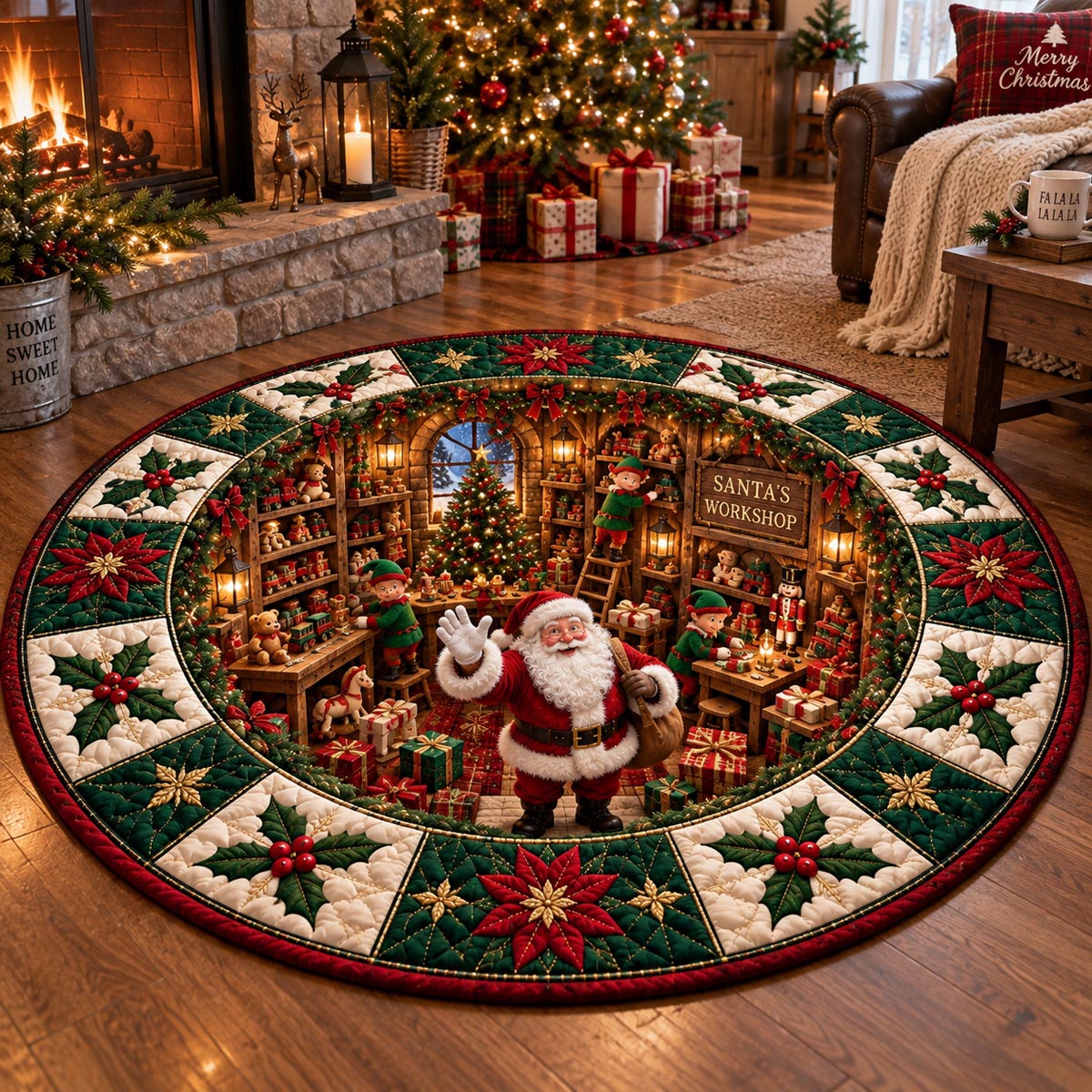 Evergreen Santa Workshop Quilted Round Mat VTQ-Myprintsy