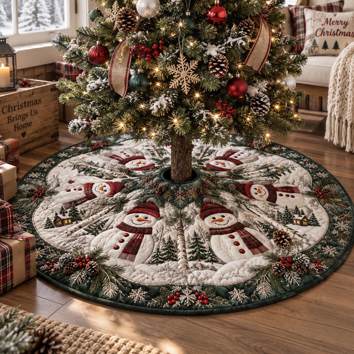 Evergreen Snowman Gathering Christmas Quilted Tree Skirt VTQ-Myprintsy