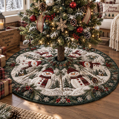 Evergreen Snowman Gathering Christmas Quilted Tree Skirt VTQ-Myprintsy