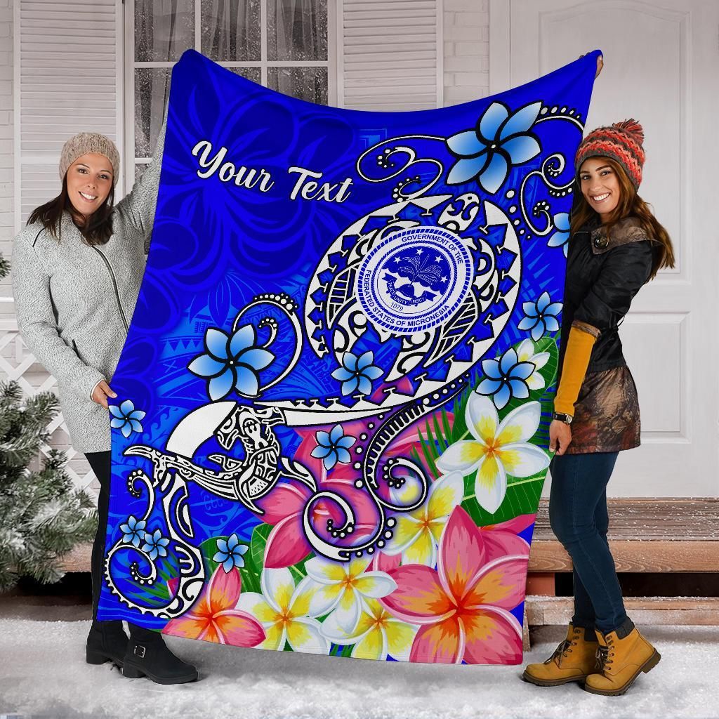 FSM Custom Personalised Premium Blanket - Turtle Plumeria (Blue)-Myprintsy