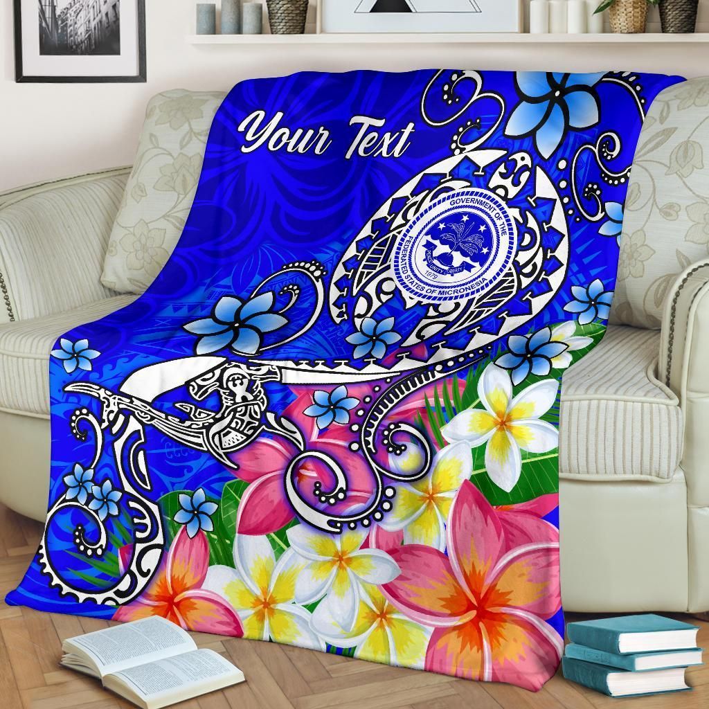 FSM Custom Personalised Premium Blanket - Turtle Plumeria (Blue)-Myprintsy