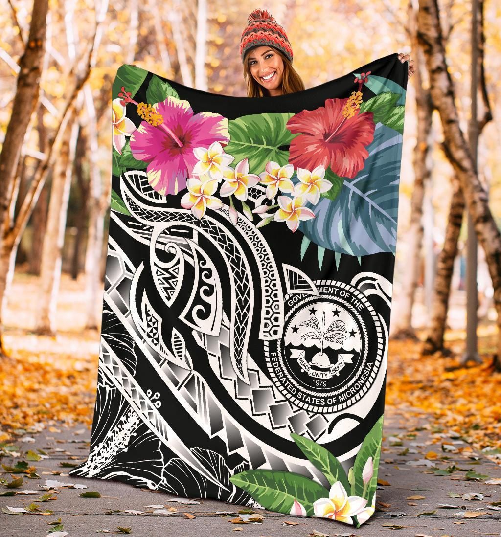 FSM Polynesian Premium Blanket - Summer Plumeria (Black)-Myprintsy