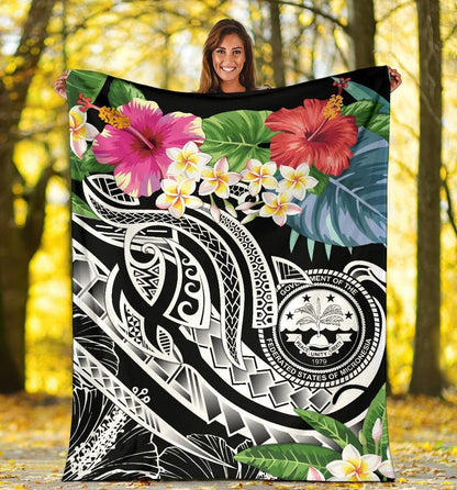 FSM Polynesian Premium Blanket - Summer Plumeria (Black)-Myprintsy